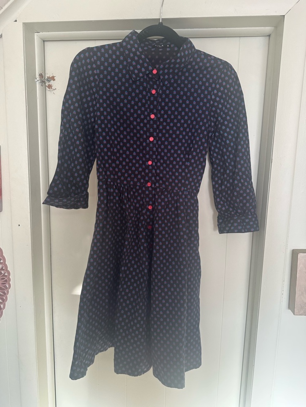 VILA Navy Blue Midi Dress with Pink Buttons